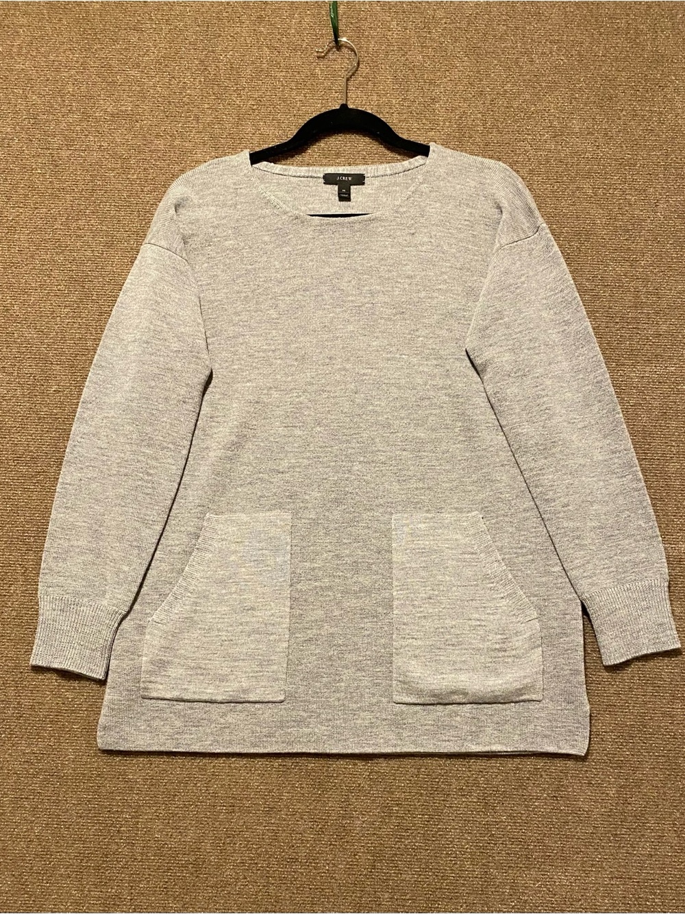 J. Crew 100% Merino Wool Heather Gray Long Tunic Sweater Front Pockets Size M